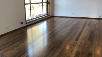 Photo of an empty room with dark wood shinny flooring with window view